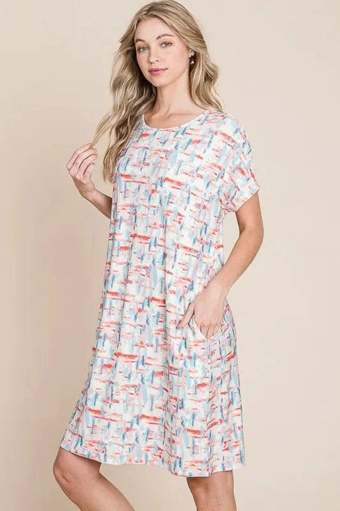 BOMBOM Printed Round Neck Short Sleeve Tee Dress - Fashorio