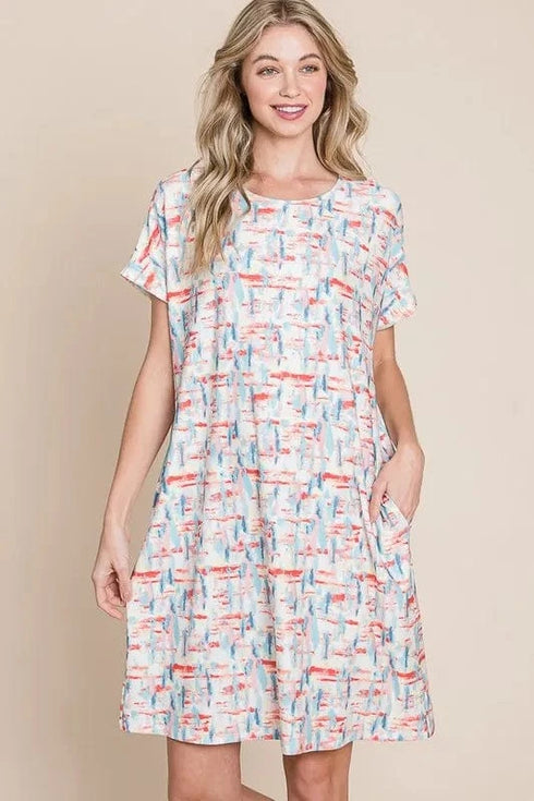 BOMBOM Printed Round Neck Short Sleeve Tee Dress - Fashorio