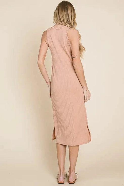 BOMBOM Ribbed Knit Sleeveless Midi Dress - Fashorio