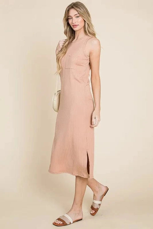BOMBOM Ribbed Knit Sleeveless Midi Dress - Fashorio