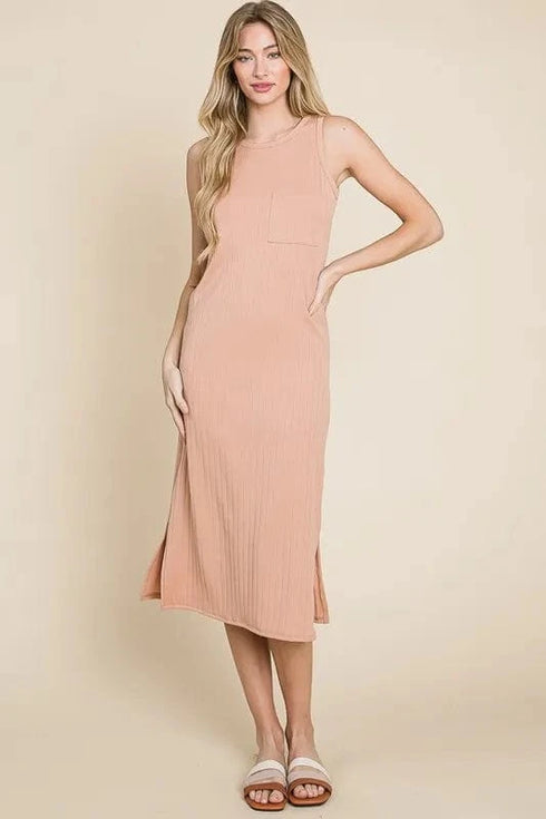 BOMBOM Ribbed Knit Sleeveless Midi Dress - Fashorio