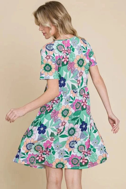 BOMBOM Ruched Floral V-Neck Short Sleeve Dress - Fashorio