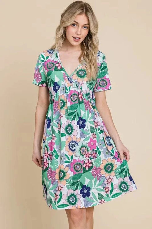 BOMBOM Ruched Floral V-Neck Short Sleeve Dress - Fashorio