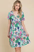 BOMBOM Ruched Floral V-Neck Short Sleeve Dress - Fashorio