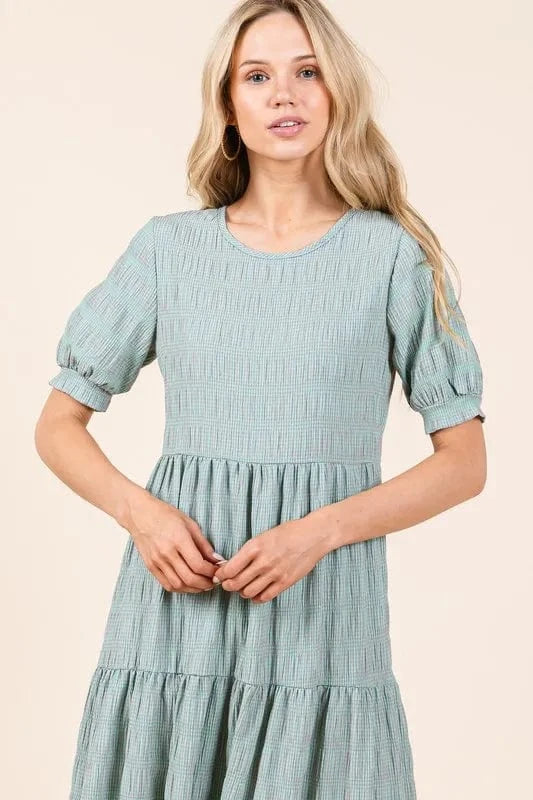 BOMBOM Textured Short Sleeve Tiered Dress - Fashorio