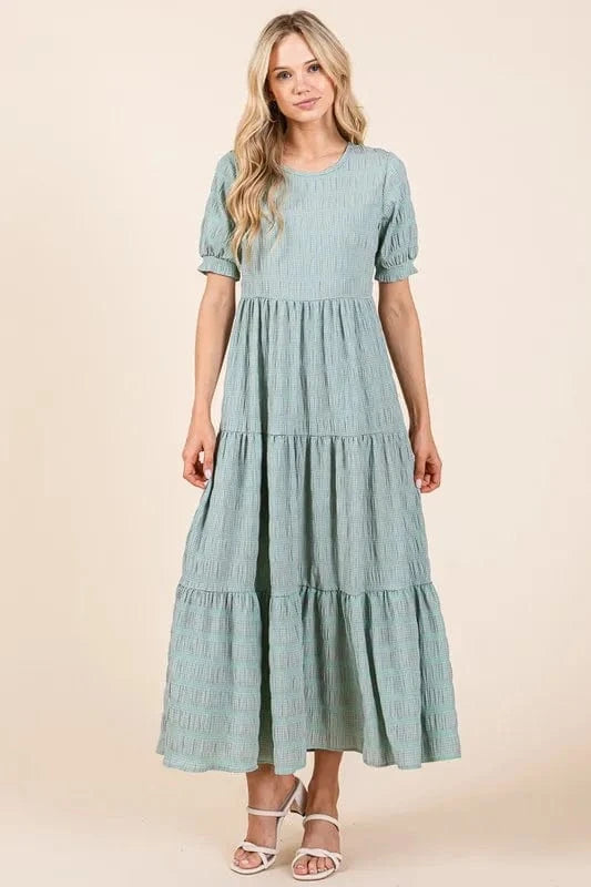 BOMBOM Textured Short Sleeve Tiered Dress - Fashorio