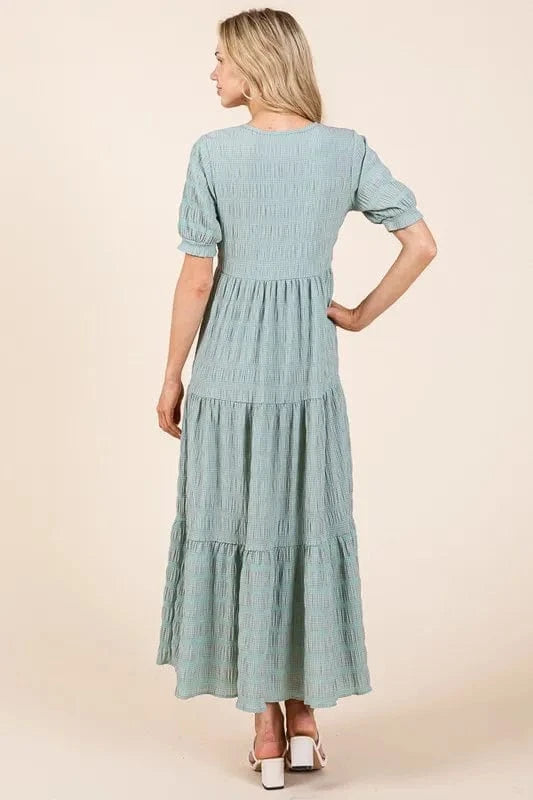 BOMBOM Textured Short Sleeve Tiered Dress - Fashorio
