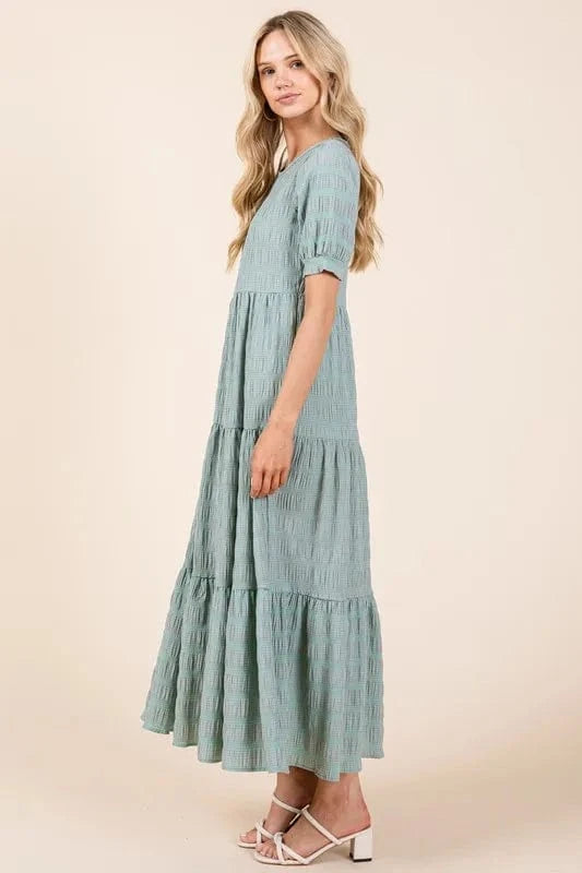 BOMBOM Textured Short Sleeve Tiered Dress - Fashorio