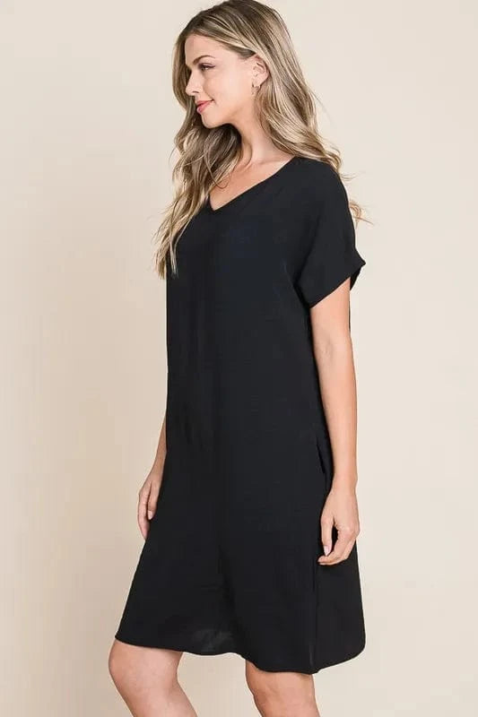 BOMBOM V-Neck Short Sleeve Dress with Pockets - Fashorio