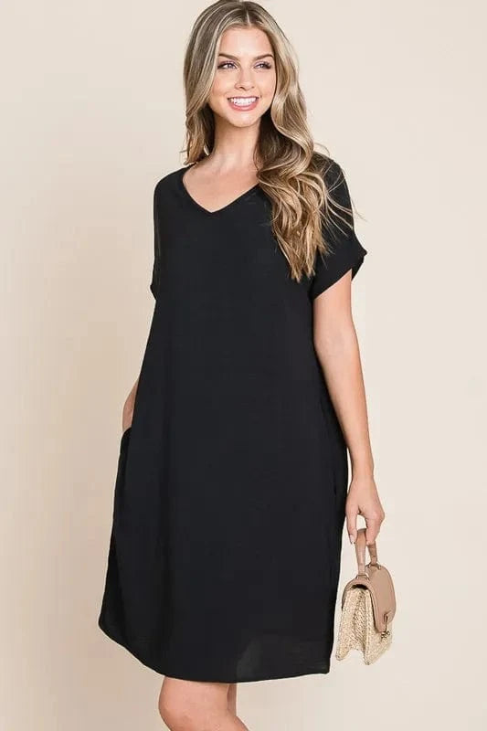 BOMBOM V-Neck Short Sleeve Dress with Pockets - Fashorio