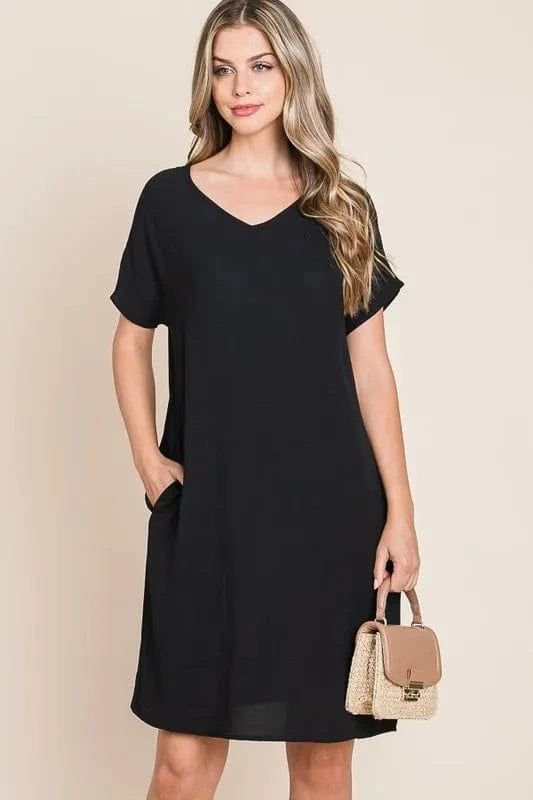 BOMBOM V-Neck Short Sleeve Dress with Pockets - Fashorio