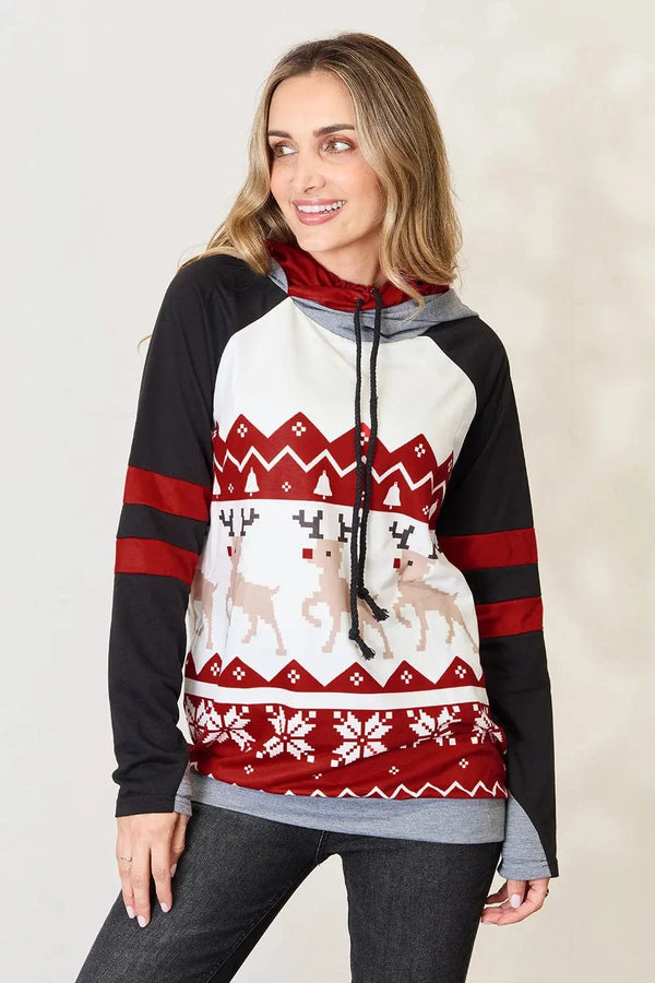 Double Take Full Size Christmas Drawstring Long Sleeve Hoodie Brick Red - Fashorio