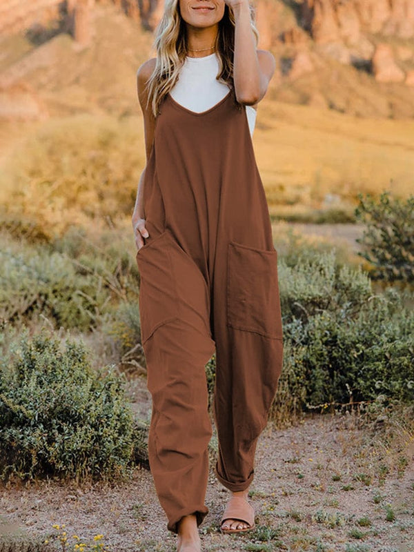 Double Take Full Size Sleeveless V-Neck Pocketed Jumpsuit Brown - Fashorio