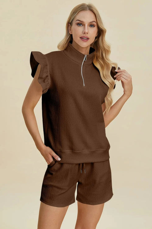 Double Take Full Size Texture Flounce Sleeve Top and Shorts Set Brown - Fashorio