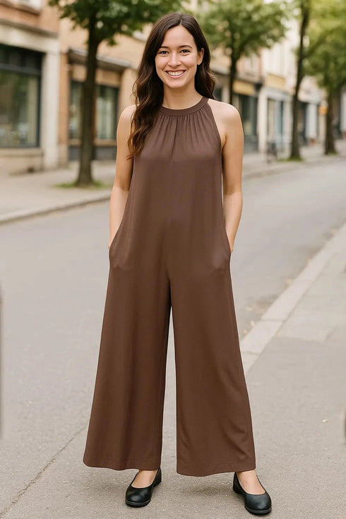 Double Take Full Size Tie Back Cutout Sleeveless Jumpsuit Brown - Fashorio