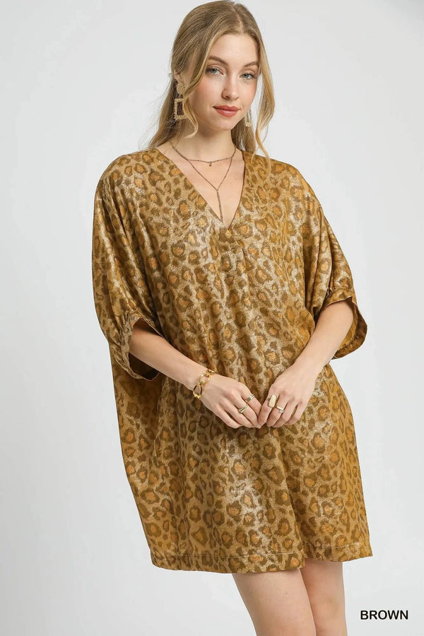 Umgee Metallic Leopard Print V-Neck Kimono Dress Brown - Fashorio