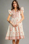Umgee Printed Tie Neck Ruffle Cap Sleeve Dress Burnt Coral - Fashorio