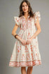 Umgee Printed Tie Neck Ruffle Cap Sleeve Dress Burnt Coral - Fashorio