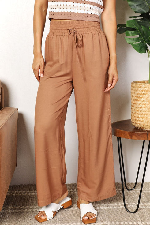 Double Take Drawstring Smocked Waist Wide Leg Pants Camel - Fashorio