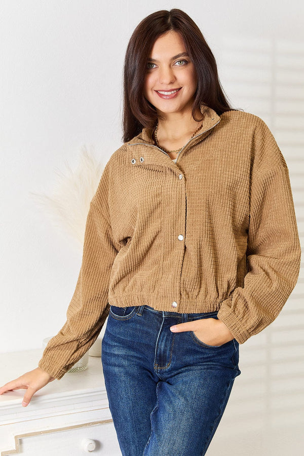 Perfee Long Sleeve Dropped Shoulder Jacket Camel - Fashorio