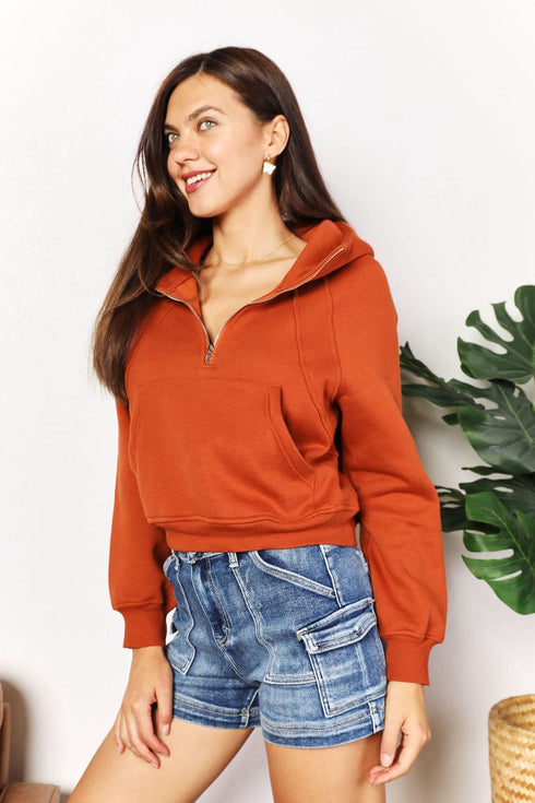 Double Take Half-Zip Long Sleeve Hoodie Caramel - Fashorio