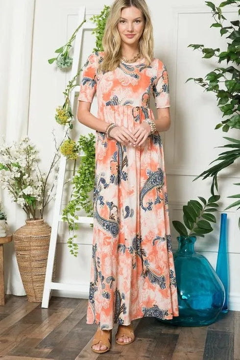 Celeste Paisley Print Short Sleeve Maxi Dress with Pockets - Fashorio