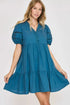 Umgee USA Full Size Lace Detail Puff Sleeve Mini Dress Plus Size Cerulean - Fashorio