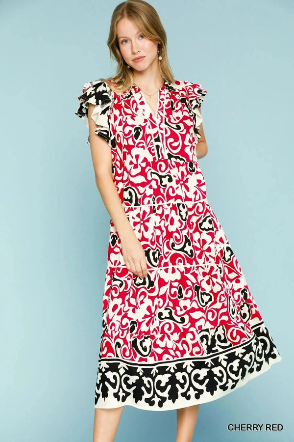 Umgee Printed Ruffled Cap Sleeve Midi Dress CHERRY RED - Fashorio