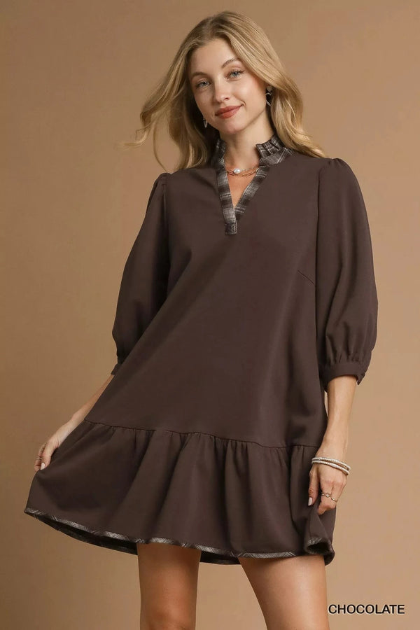 Umgee French Terry Ruffle Hem Dress with Plaid Trim Chocolate - Fashorio