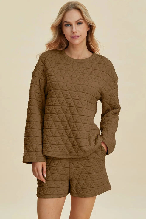 Double Take Full Size Texture Round Neck Long Sleeve Top and Shorts Set Coffee Brown - Fashorio