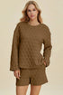 Double Take Full Size Texture Round Neck Long Sleeve Top and Shorts Set Coffee Brown - Fashorio