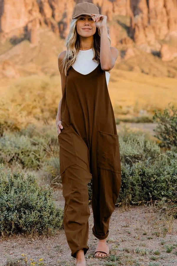 Double Take Full Size V-Neck Sleeveless Jumpsuit with Pockets Coffee Brown - Fashorio
