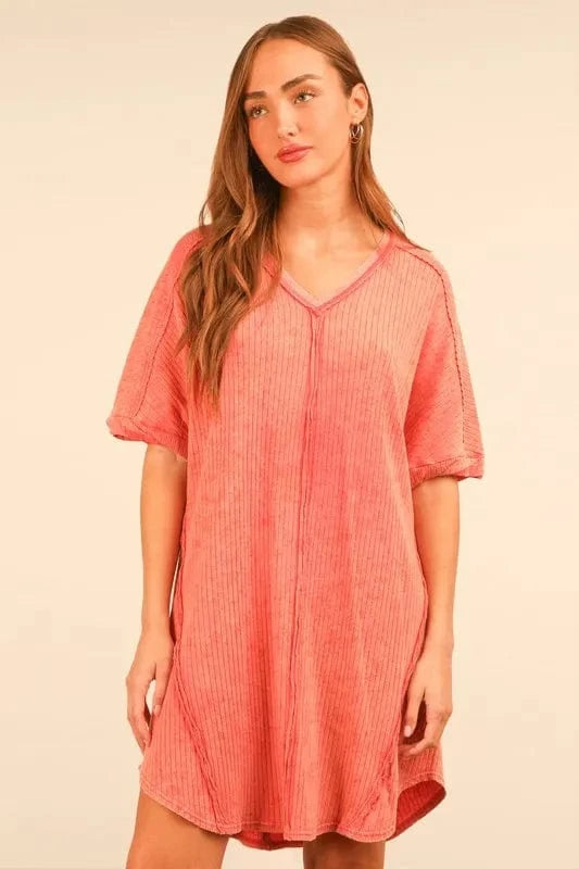 VERY J Plus Size Mineral Washed Ribbed Knit Mini Dress Coral - Fashorio