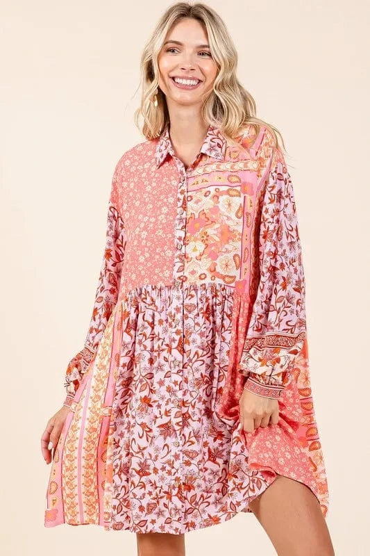 Mittoshop Floral Button Detail Long Sleeve Shirt Dress Coral Pink - Fashorio