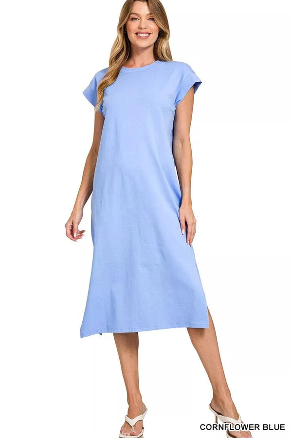 Zenana Round Neck Side Slit Midi Dress CORNFLOWER BLUE - Fashorio