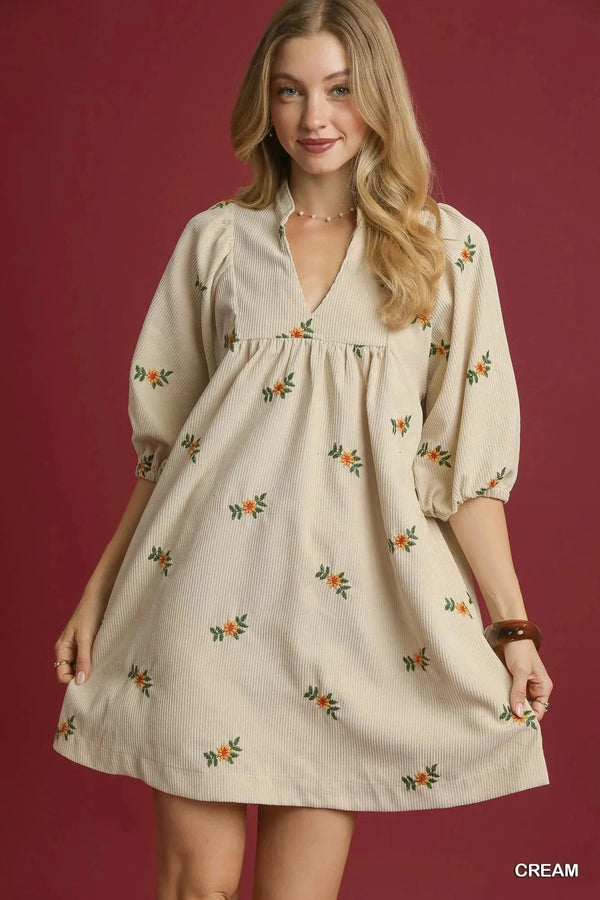 Umgee Corduroy Babydoll Dress with Floral Embroidery Cream - Fashorio