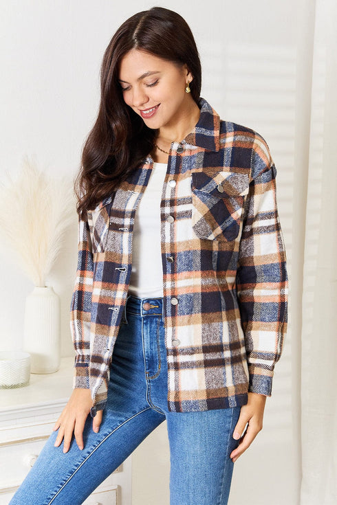 Double Take Plaid Button Front Shirt Jacket with Breast Pockets Dark Blue - Fashorio