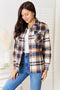 Double Take Plaid Button Front Shirt Jacket with Breast Pockets Dark Blue - Fashorio