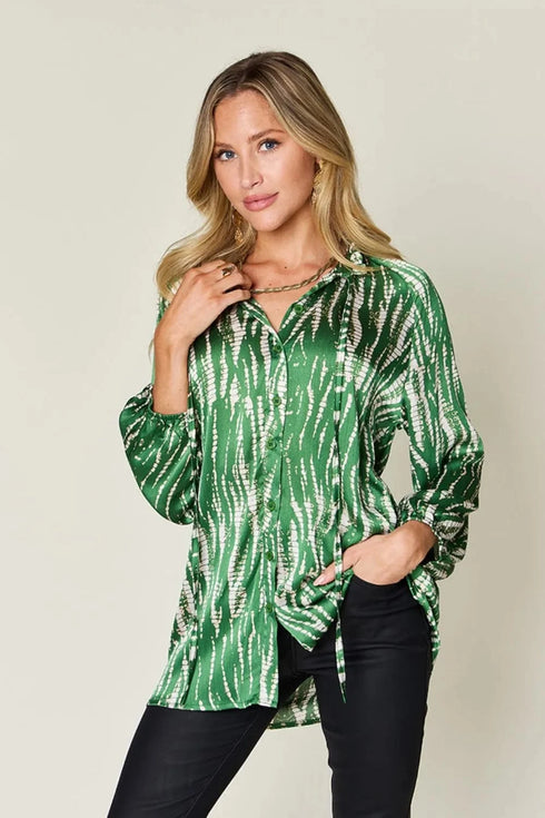Double Take Full Size Printed Button Up Long Sleeve Shirt Dark Green - Fashorio