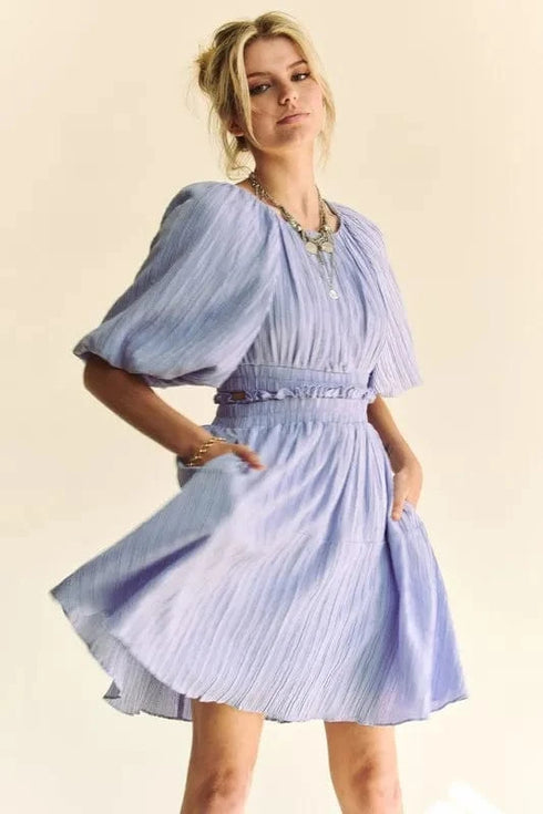 Davi & Dani Back Button Puff Sleeve Mini Dress - Fashorio