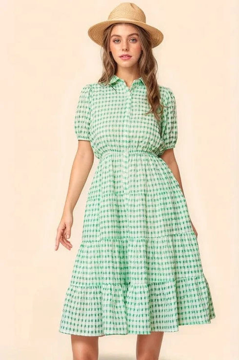 Davi & Dani Checkered Puff Sleeve Tiered Shirt Dress - Fashorio