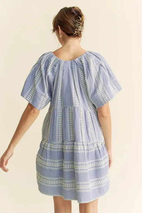 Davi & Dani Embroidered Stripe Ruffled Gingham Mini Dress - Fashorio