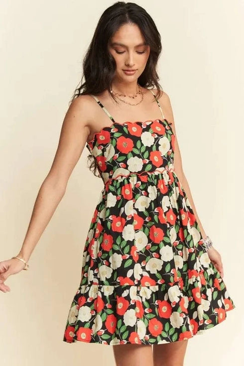 Davi & Dani Floral Scalloped Cutout Back Mini Dress - Fashorio