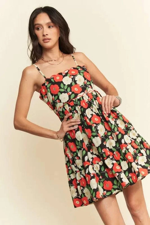 Davi & Dani Floral Scalloped Cutout Back Mini Dress - Fashorio