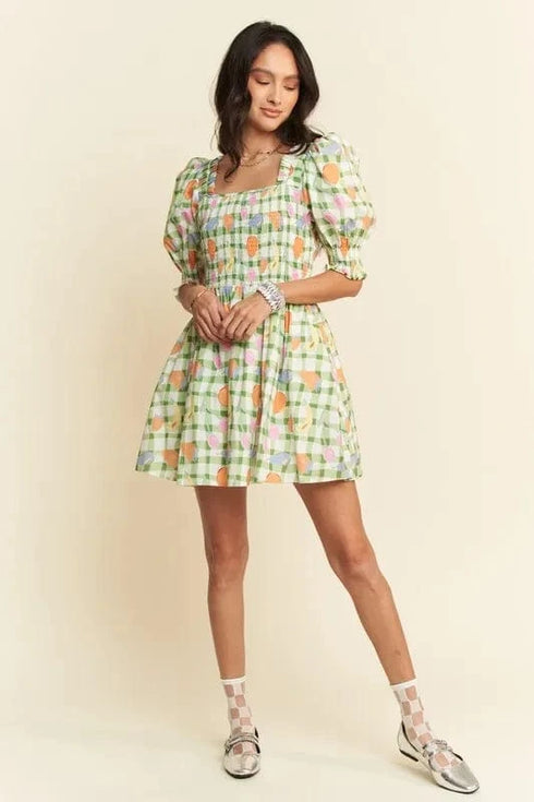 Davi & Dani Fruits Printed Smocking Mini Dress - Fashorio