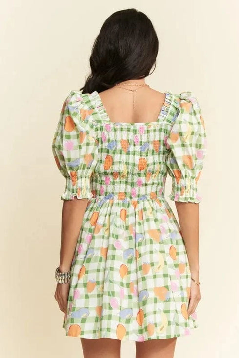 Davi & Dani Fruits Printed Smocking Mini Dress - Fashorio