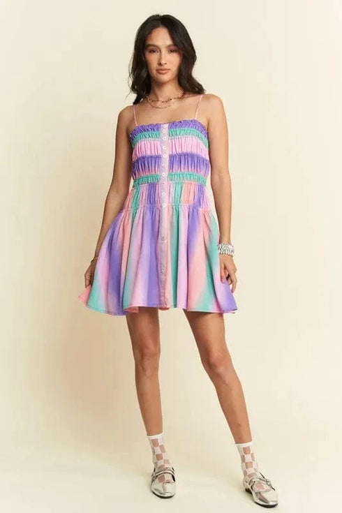 Davi & Dani Multi Color Ombre Printed Bodice Button Up Dress - Fashorio