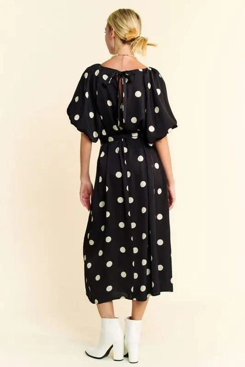 Davi & Dani Polka Dot Puff Sleeves Waist Tie Midi Dress - Fashorio