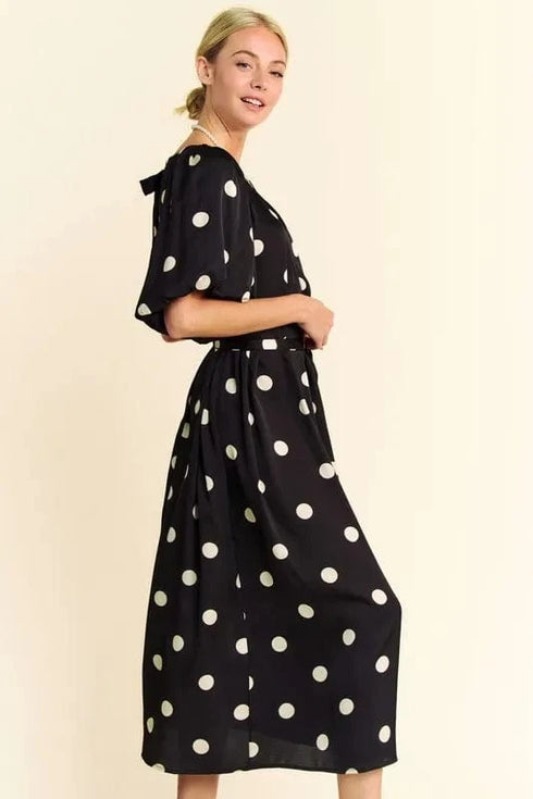 Davi & Dani Polka Dot Puff Sleeves Waist Tie Midi Dress - Fashorio