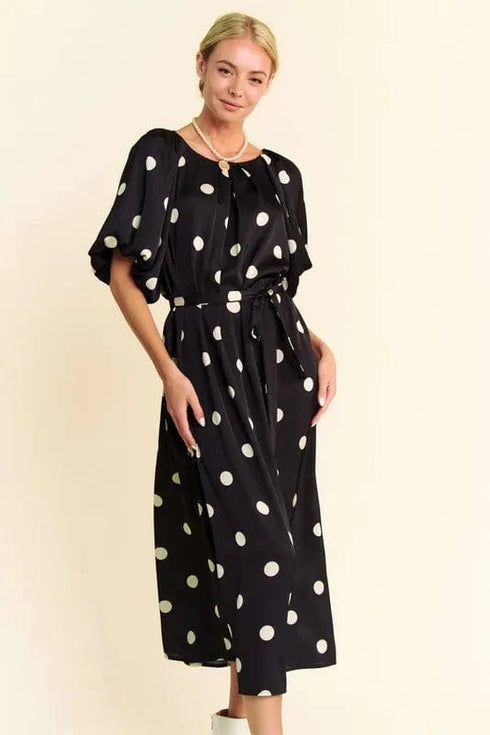 Davi & Dani Polka Dot Puff Sleeves Waist Tie Midi Dress - Fashorio